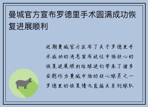 曼城官方宣布罗德里手术圆满成功恢复进展顺利